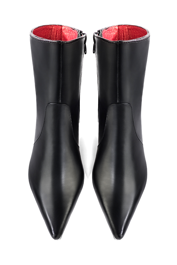 Satin black women's ankle boots with a zip on the inside. Pointed toe. High block heels. Top view - Florence KOOIJMAN